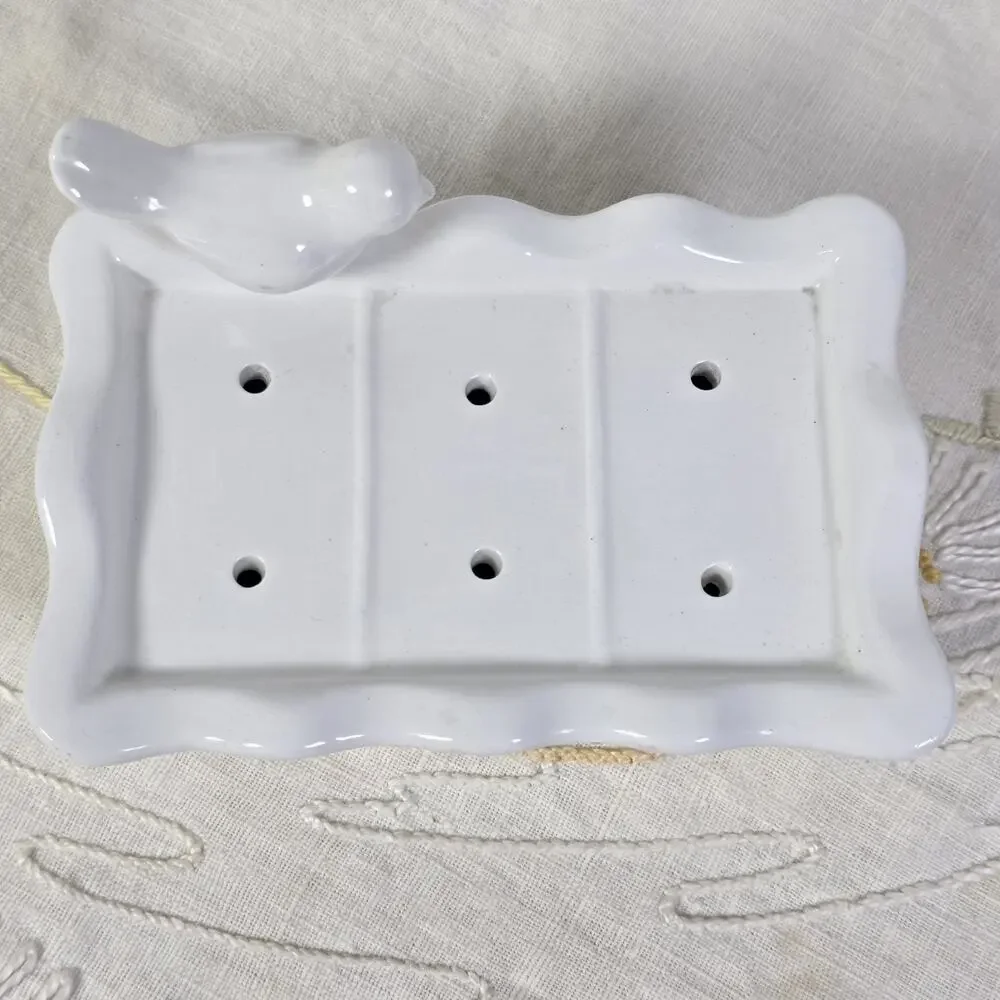 White Ceramic Bird Soap Dish Holder Removable Drip Tray Bathroom Farmhouse Decor